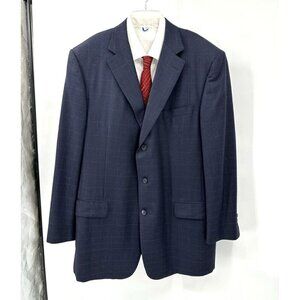 SAMUELSOHN 2 piece suit jacket pants 100% wool windowpane plaid blue 48L